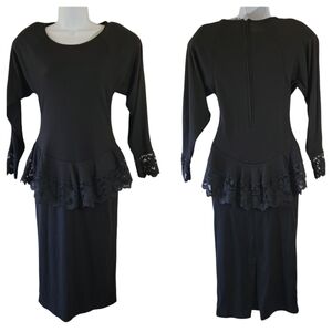 VTG Jon Wesley Black Peplum Bodice LS Midi Dress Sz 10 Fairy Whimsogoth Retro